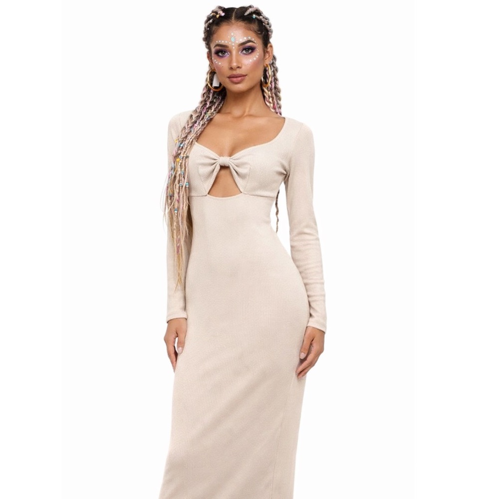 Princess Polly Cream Boho Ribbed Bow Front Maxi Dress Bodycon Festival